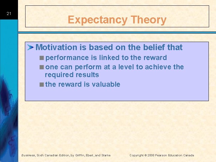 21 Expectancy Theory Motivation is based on the belief that <performance is linked to