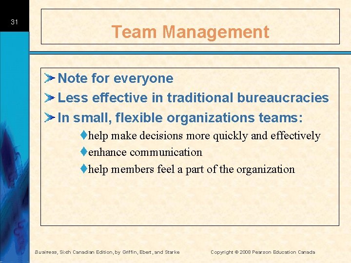 31 Team Management Note for everyone Less effective in traditional bureaucracies In small, flexible