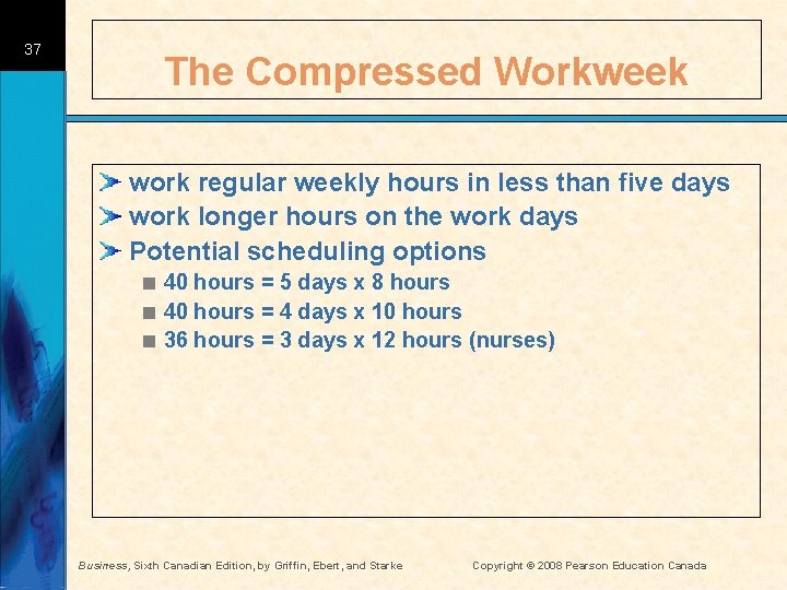 37 The Compressed Workweek work regular weekly hours in less than five days work