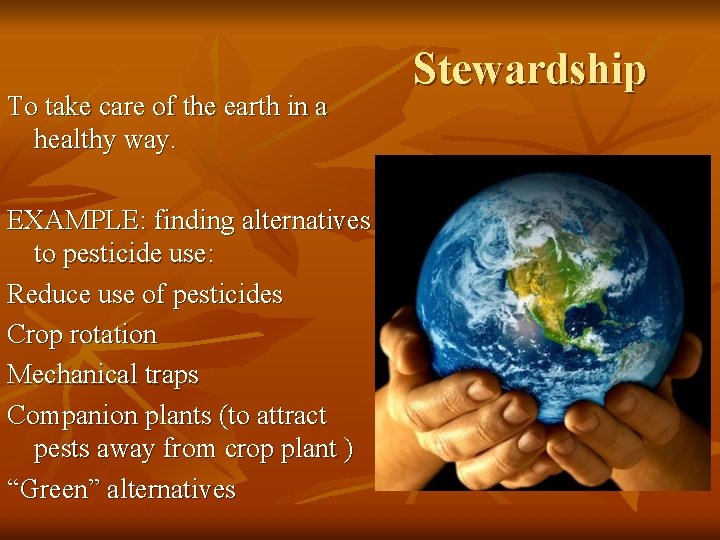 To take care of the earth in a healthy way. EXAMPLE: finding alternatives to