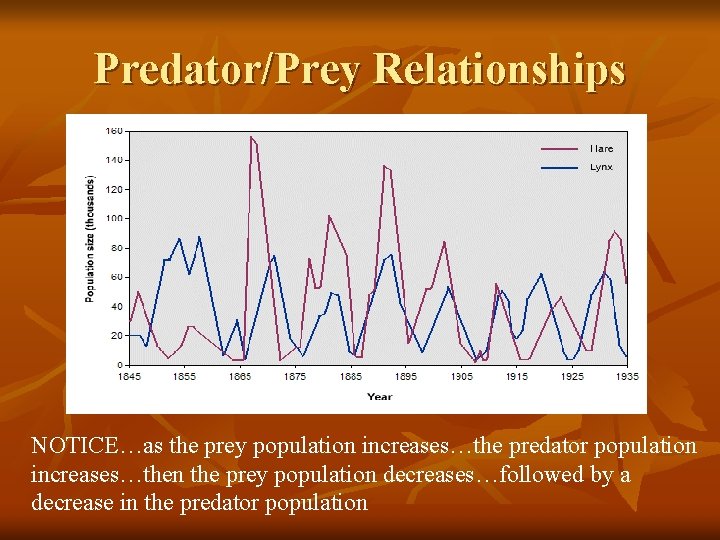 Predator/Prey Relationships NOTICE…as the prey population increases…the predator population increases…then the prey population decreases…followed