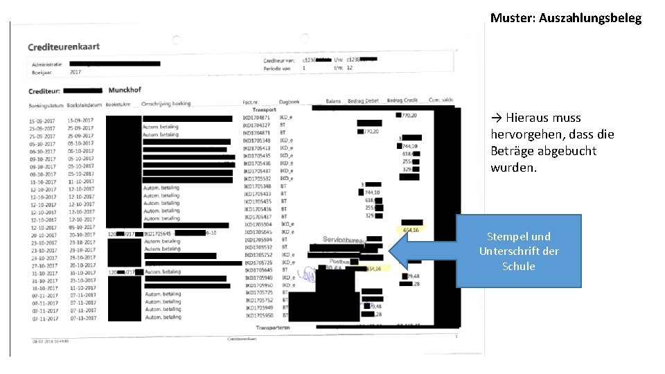 Muster: Auszahlungsbeleg → Hieraus muss hervorgehen, dass die Beträge abgebucht wurden. Stempel und Unterschrift