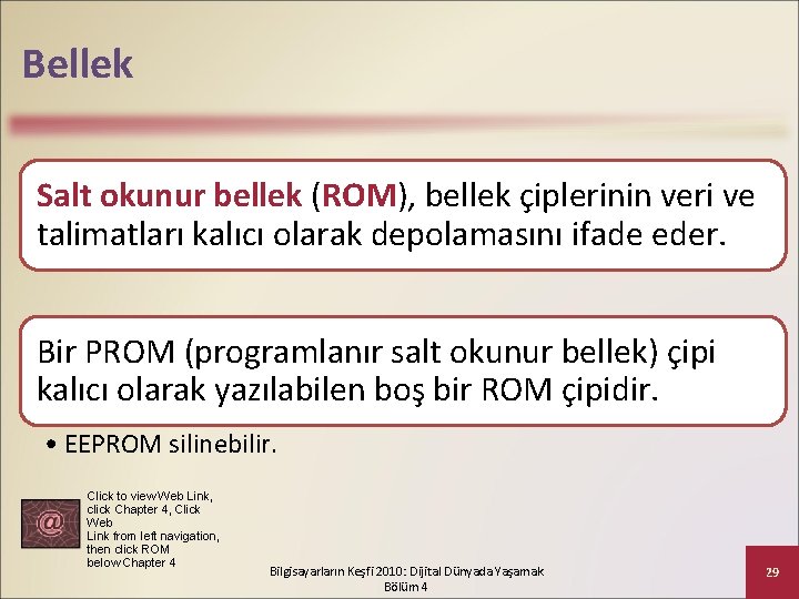 Bellek Salt okunur bellek (ROM), bellek çiplerinin veri ve talimatları kalıcı olarak depolamasını ifade