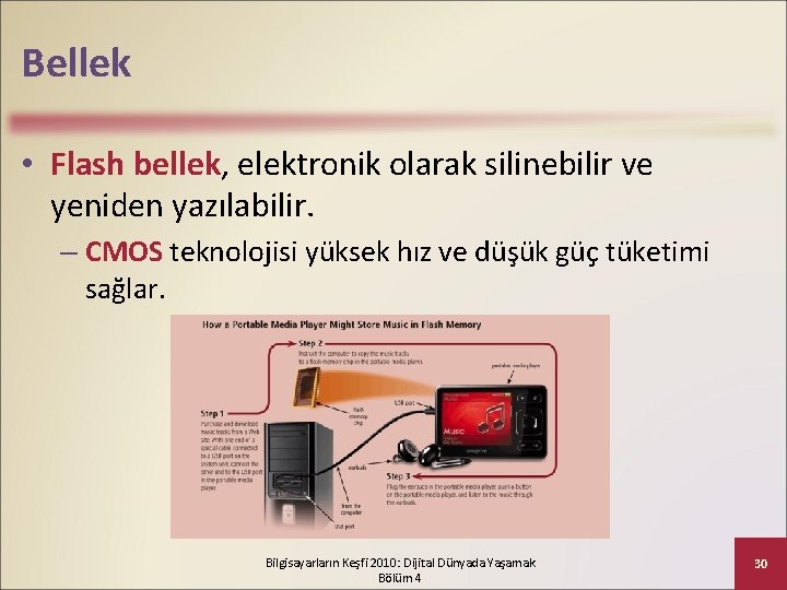 Bellek • Flash bellek, elektronik olarak silinebilir ve yeniden yazılabilir. – CMOS teknolojisi yüksek