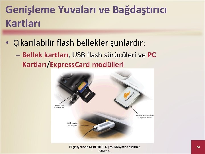 Genişleme Yuvaları ve Bağdaştırıcı Kartları • Çıkarılabilir flash bellekler şunlardır: – Bellek kartları, USB