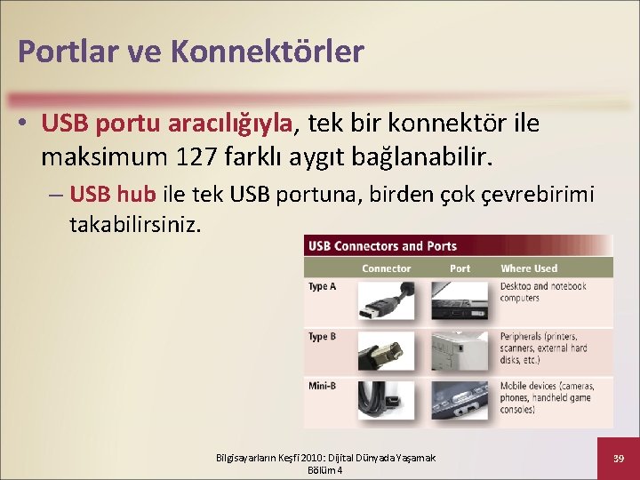Portlar ve Konnektörler • USB portu aracılığıyla, tek bir konnektör ile maksimum 127 farklı