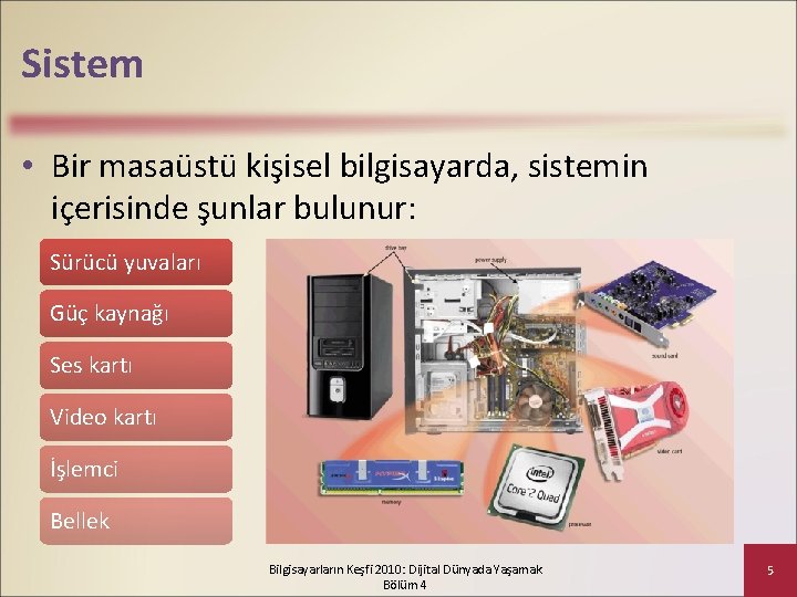 Sistem • Bir masaüstü kişisel bilgisayarda, sistemin içerisinde şunlar bulunur: Sürücü yuvaları Güç kaynağı