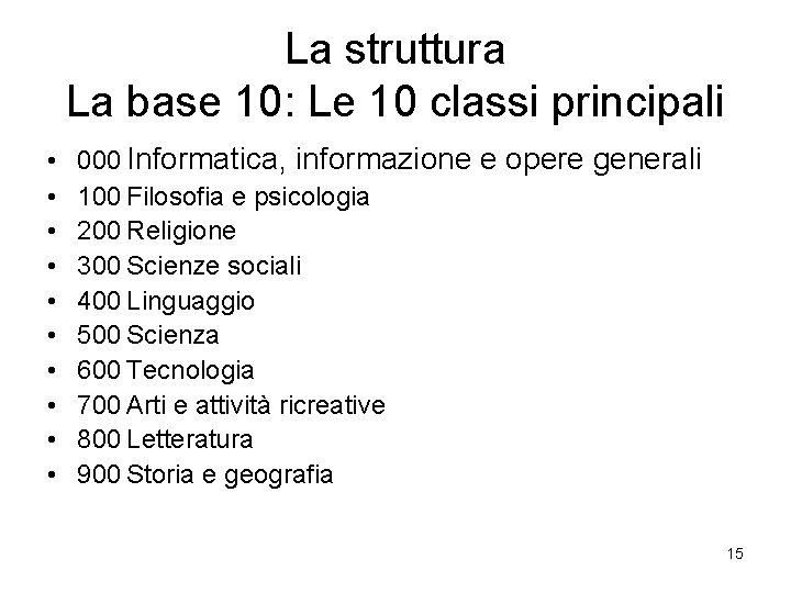 La struttura La base 10: Le 10 classi principali • • • 000 Informatica,