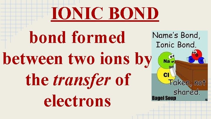 IONIC BOND bond formed between two ions by the transfer of electrons 