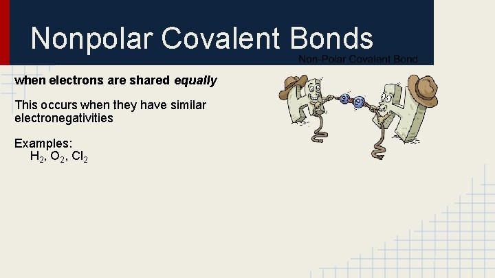 Nonpolar Covalent Bonds when electrons are shared equally This occurs when they have similar
