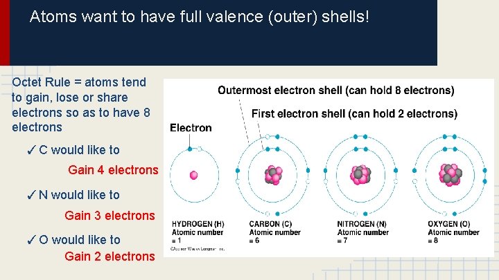 Atoms want to have full valence (outer) shells! Octet Rule = atoms tend to