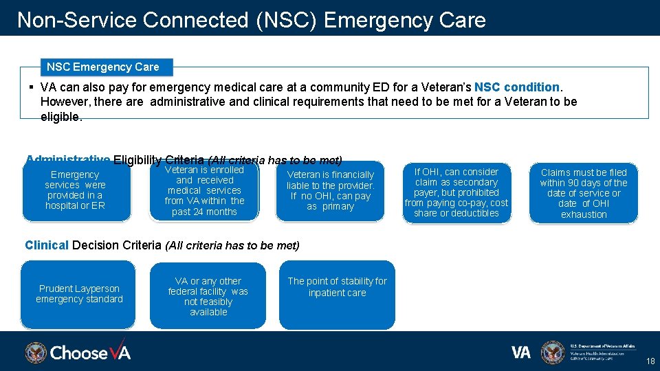 Non-Service Connected (NSC) Emergency Care NSC Emergency Care VA can also pay for emergency