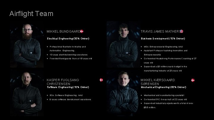 Airflight Team MIKKEL BUNDGAARD TRAVIS JAMES MATHERS Electrical Engineering (30% Owner) Business Development (10%