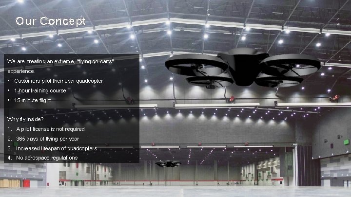 Our Concept We are creating an extreme, “flying go-carts” experience. • Customers pilot their