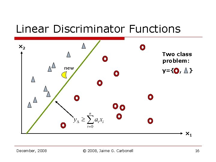 Linear Discriminator Functions x 2 Two class problem: new y={ , } x 1 Linear Discriminator Functions x 2 Two class problem: new y={ , } x 1