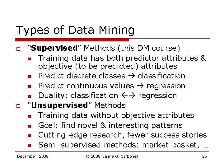 Types of Data Mining o o “Supervised” Methods (this DM course) n Training data Types of Data Mining o o “Supervised” Methods (this DM course) n Training data