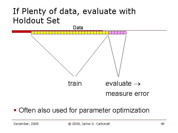 If Plenty of data, evaluate with Holdout Set Data train evaluate measure error § If Plenty of data, evaluate with Holdout Set Data train evaluate measure error §