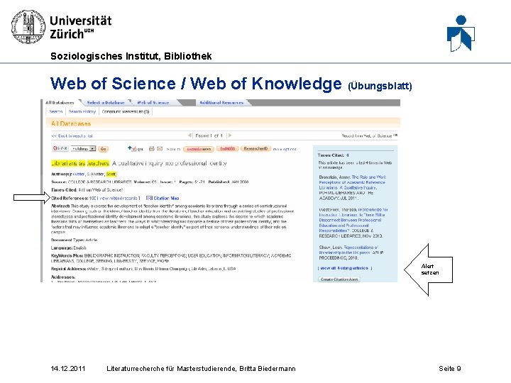 Soziologisches Institut, Bibliothek Web of Science / Web of Knowledge (Übungsblatt) E Alert setzen