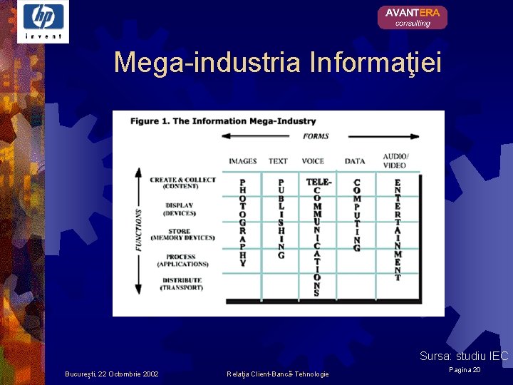 Mega-industria Informaţiei Sursa: studiu IEC Bucureşti, 22 Octombrie 2002 Relaţia Client-Bancă-Tehnologie Pagina 20 