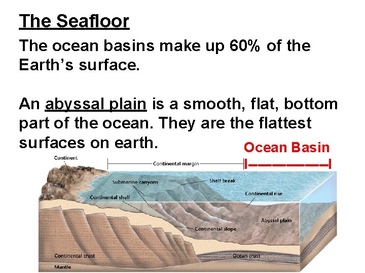 The Seafloor The ocean basins make up 60% of the Earth’s surface. An abyssal