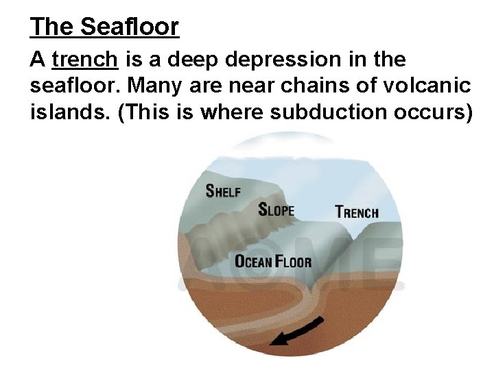 The Seafloor A trench is a deep depression in the seafloor. Many are near