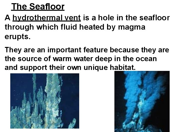 The Seafloor A hydrothermal vent is a hole in the seafloor through which fluid