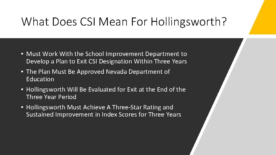 What Does CSI Mean For Hollingsworth? • Must Work With the School Improvement Department
