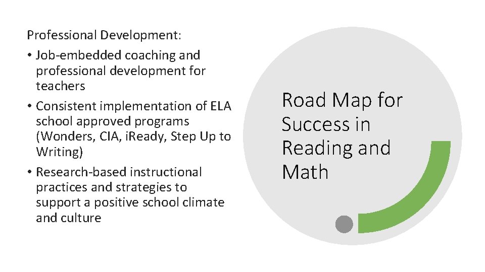 Professional Development: • Job-embedded coaching and professional development for teachers • Consistent implementation of