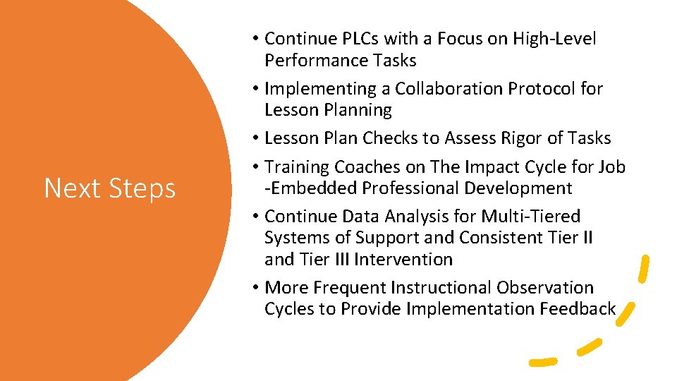 Next Steps • Continue PLCs with a Focus on High-Level Performance Tasks • Implementing