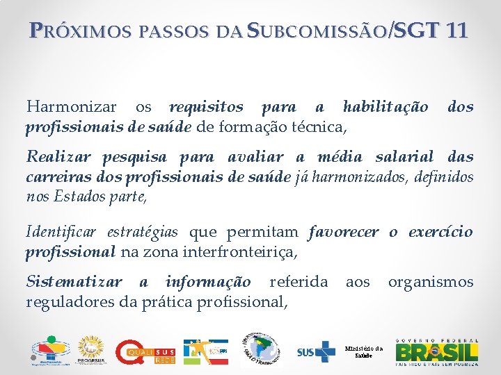 PRÓXIMOS PASSOS DA SUBCOMISSÃO/SGT 11 Harmonizar os requisitos para a habilitação profissionais de saúde