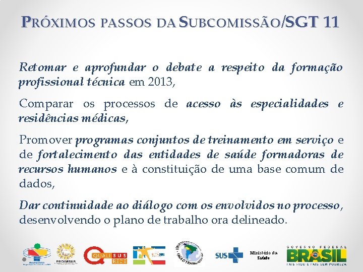 PRÓXIMOS PASSOS DA SUBCOMISSÃO/SGT 11 Retomar e aprofundar o debate a respeito da formação