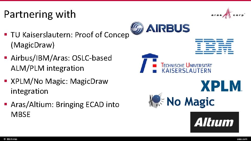 Partnering with § TU Kaiserslautern: Proof of Concept (Magic. Draw) § Airbus/IBM/Aras: OSLC-based ALM/PLM