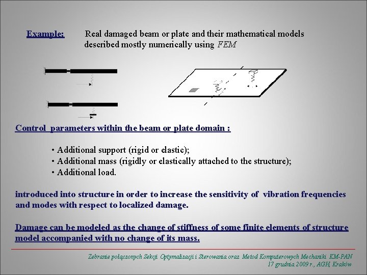 Example: Real damaged beam or plate and their mathematical models described mostly numerically using