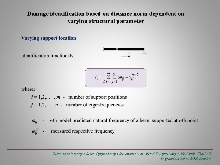 Damage identification based on distance norm dependent on varying structural parameter Zebranie połączonych Sekcji