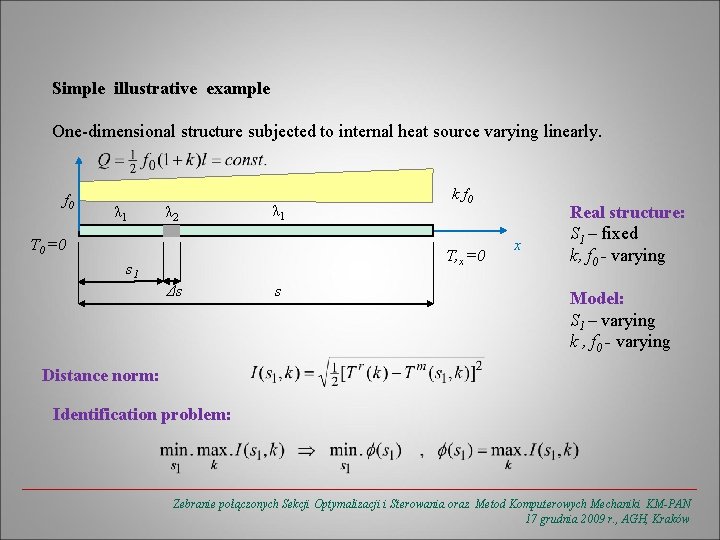 Simple illustrative example One-dimensional structure subjected to internal heat source varying linearly. f 0