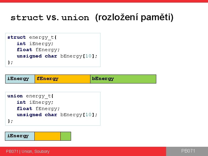 struct vs. union (rozložení paměti) struct energy_t{ int i. Energy; float f. Energy; unsigned