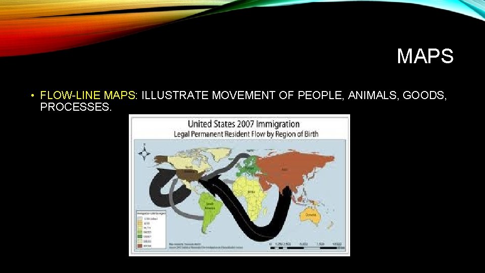 MAPS • FLOW-LINE MAPS: ILLUSTRATE MOVEMENT OF PEOPLE, ANIMALS, GOODS, PROCESSES. 