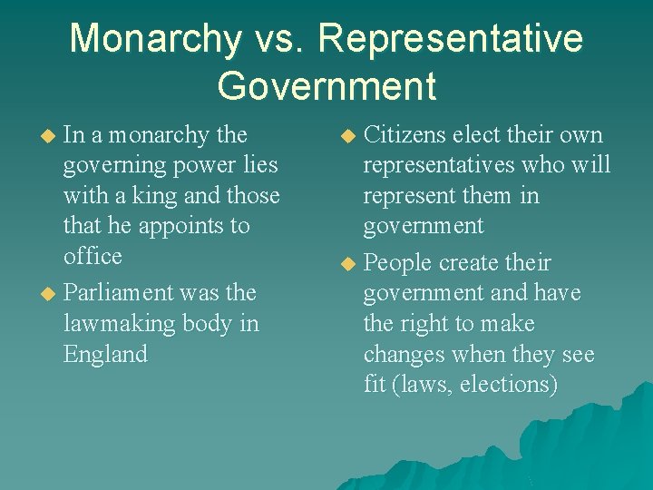Monarchy vs. Representative Government In a monarchy the governing power lies with a king
