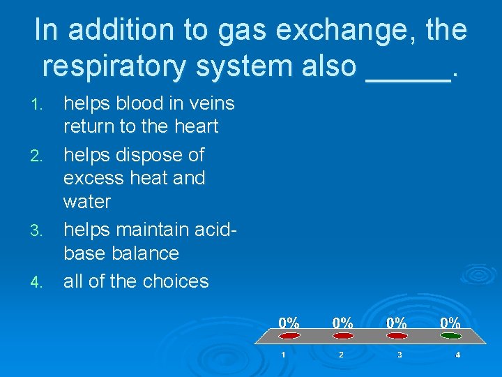 In addition to gas exchange, the respiratory system also _____. helps blood in veins