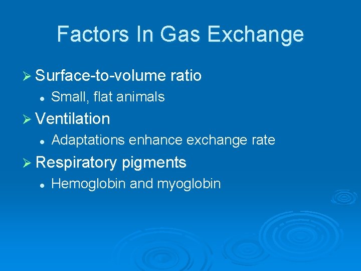 Factors In Gas Exchange Ø Surface-to-volume ratio l Small, flat animals Ø Ventilation l