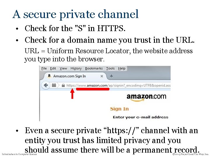 A secure private channel • Check for the "S" in HTTPS. • Check for A secure private channel • Check for the "S" in HTTPS. • Check for