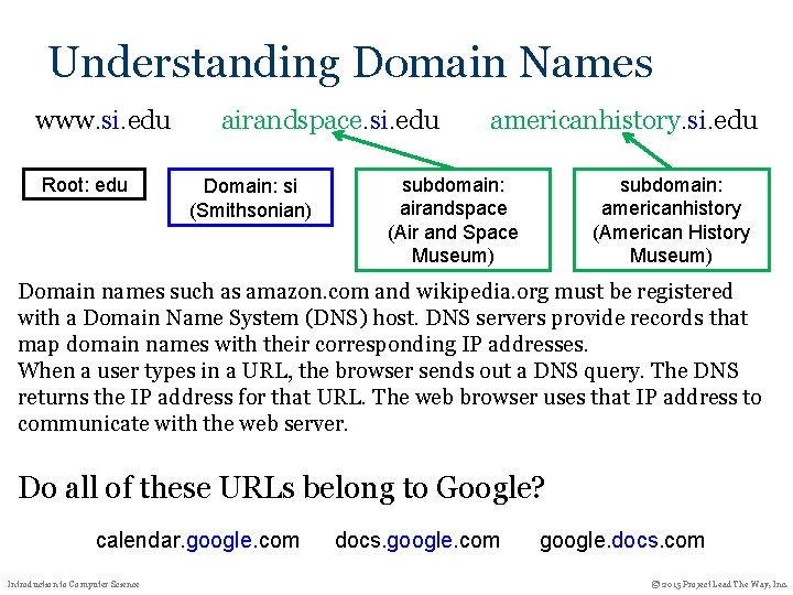 Understanding Domain Names www. si. edu Root: edu airandspace. si. edu Domain: si (Smithsonian) Understanding Domain Names www. si. edu Root: edu airandspace. si. edu Domain: si (Smithsonian)