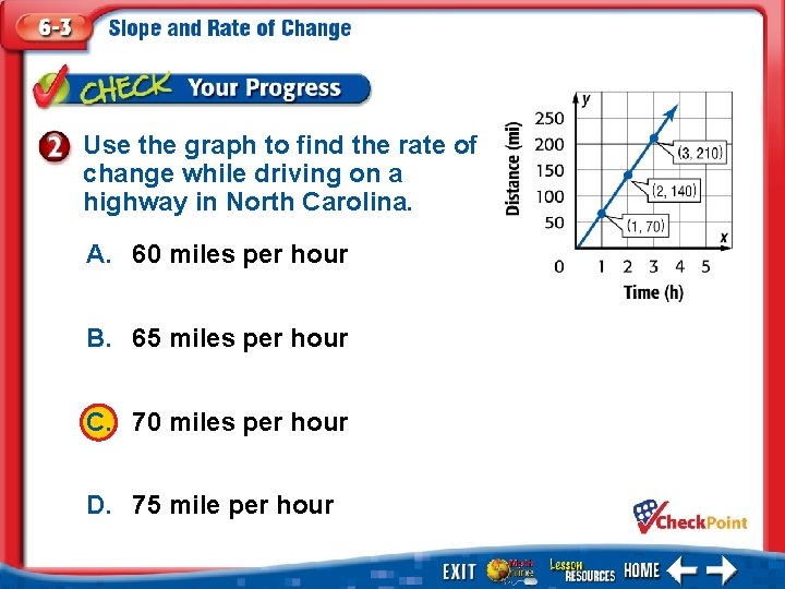 Use the graph to find the rate of change while driving on a highway Use the graph to find the rate of change while driving on a highway