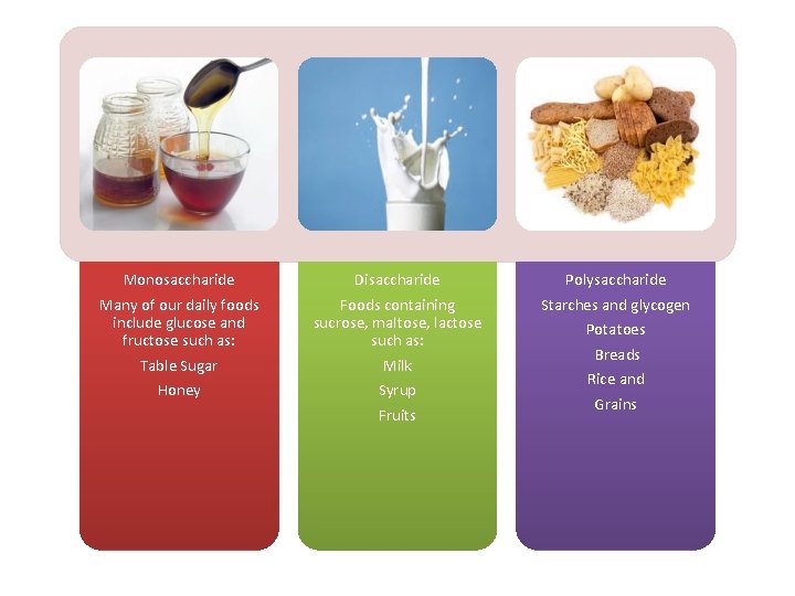 Monosaccharide Many of our daily foods include glucose and fructose such as: Disaccharide Foods
