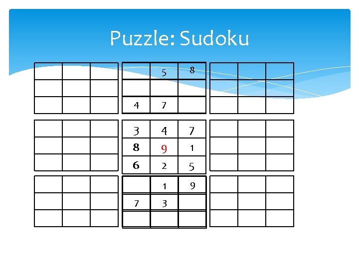 Puzzle: Sudoku 5 8 4 7 3 8 6 4 9 2 7 1 Puzzle: Sudoku 5 8 4 7 3 8 6 4 9 2 7 1