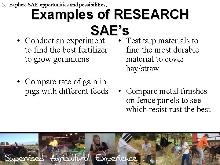 2. Explore SAE opportunities and possibilities; Examples of RESEARCH SAE’s • Conduct an experiment