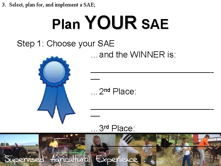 3. Select, plan for, and implement a SAE; Plan YOUR SAE Step 1: Choose