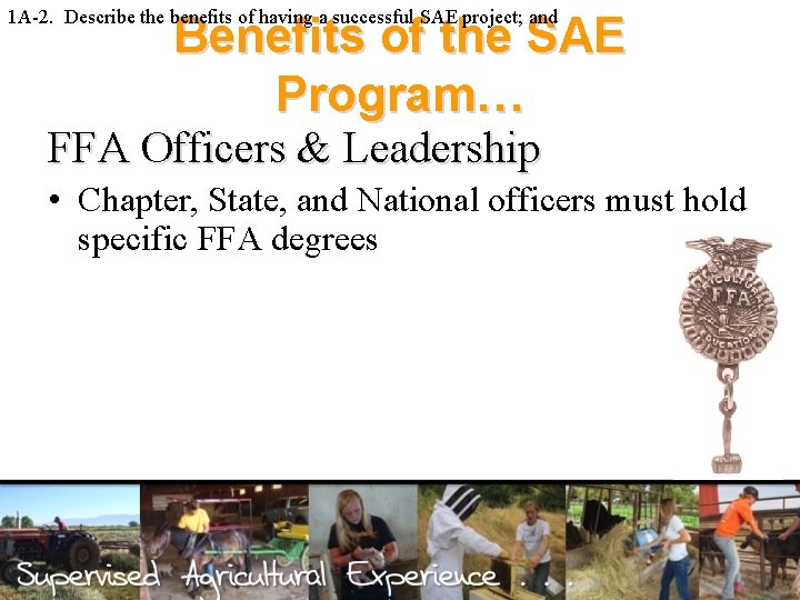 1 A-2. Describe the benefits of having a successful SAE project; and Benefits of