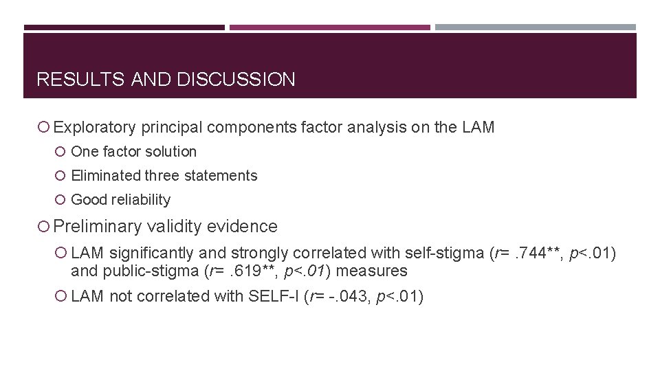 RESULTS AND DISCUSSION Exploratory principal components factor analysis on the LAM One factor solution
