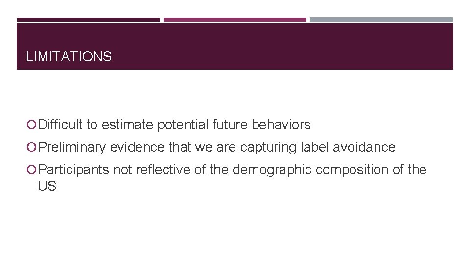 LIMITATIONS Difficult to estimate potential future behaviors Preliminary evidence that we are capturing label